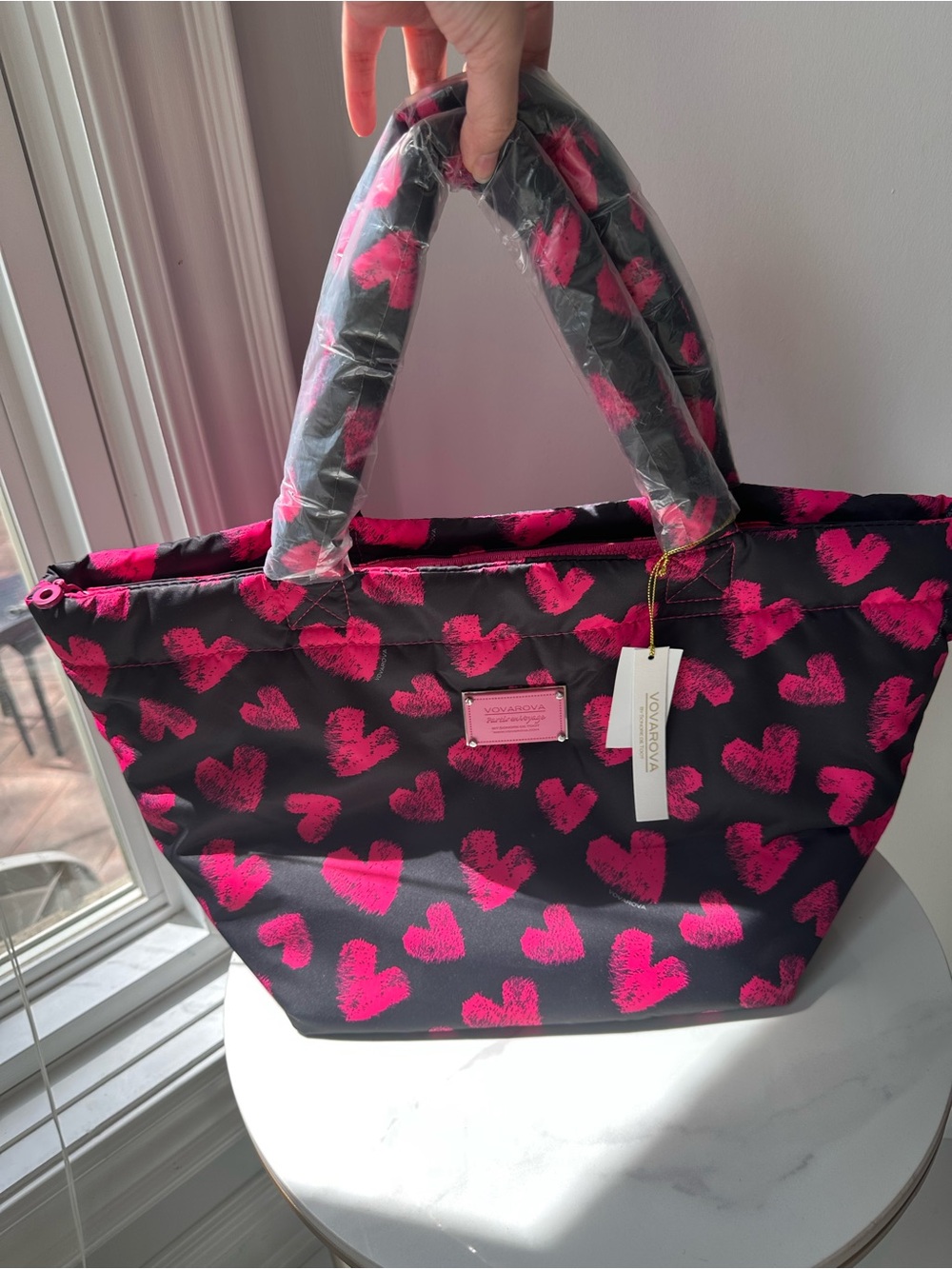 NWT Puffy Cute Love Heart Print Tote Bag - Black & Hot Pink Coquette Girl